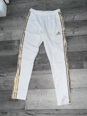 adidas White Track Joggers with Gold Stripes